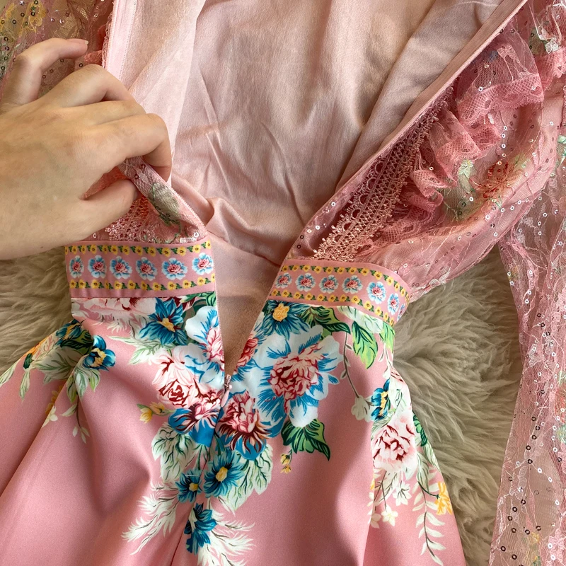 

Heavy industry lace mesh embroidery hook pattern round neck long sleeve auricular trim slim evening dress high end dress