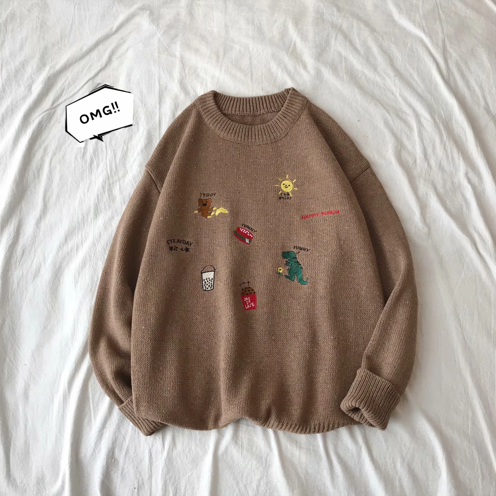 

2020 Fall Winter New Fashion Cartoons Suede Sweater Long Sleeve O-Neck Women Casual Warm Pullovers Korean Sweater oversize women