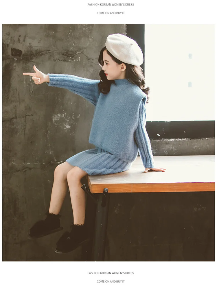 Girls Clothing set Winter Faux-wool Thick Warm Knitted Vest Dress Suit Children Costume Kids Tracksuit 8 10 Years Girls Clothes