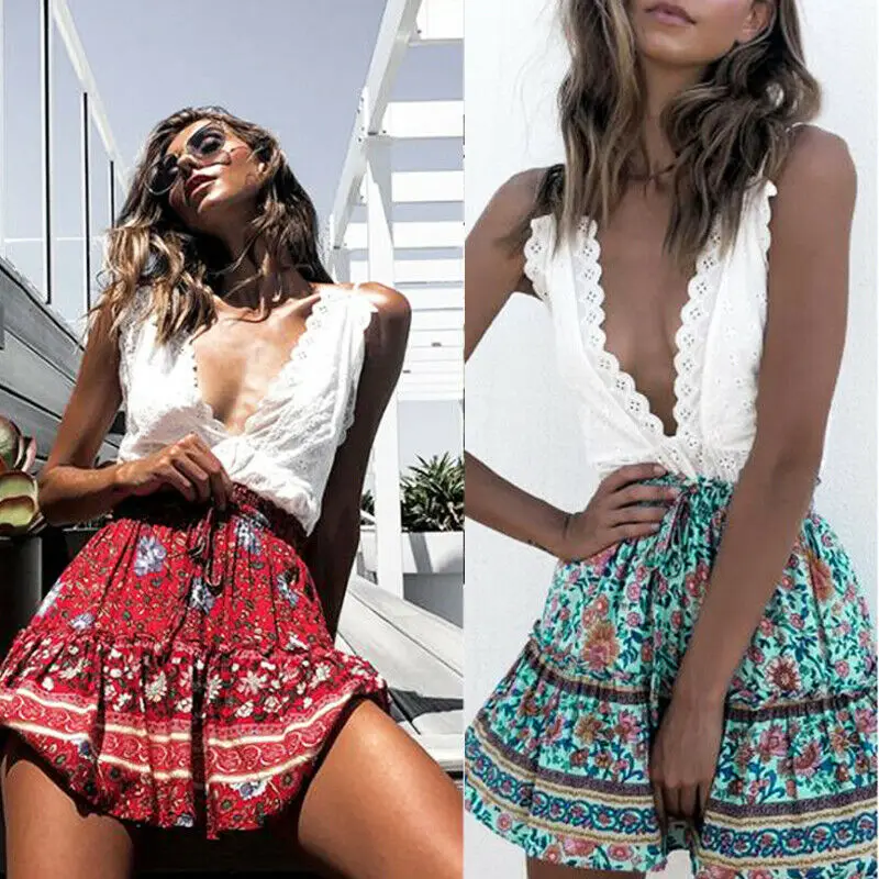 New Women Floral Print Skirt Lady Holiday Casual Beach Party Short Mini Flower Skirts | Женская одежда