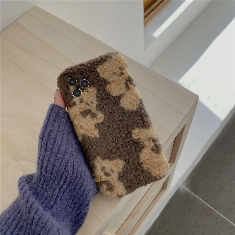 

Winter Warm TPU Phone Case for Iphone 12 11Pro MAX XR XS MAX 7plus 8plus Plush Cute 3D Embroidery Bear Furry Animal Hair Cover