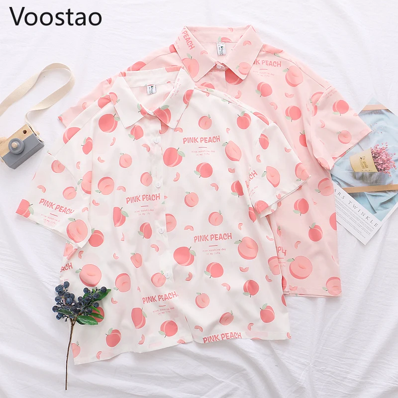 

Japanese Sweet Lolita Style Blouses Women Kawaii Honey Peach Print Loose JK Blouse Girls Harajuku Cute Short Sleeve Shirts Tops