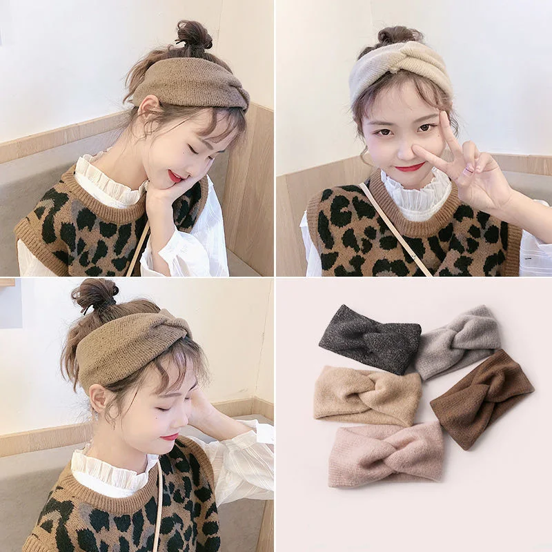 

2021 Woolen Cross Cross Top Knot Elastic Hair Bands for Women Soft Solid Color Turban Headbands Women Girls Hair Accessories