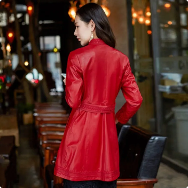 

Red Clothing Embroidery Slim Fit Womens Genuine Leather Dress Female Trench Dresses Long Sleeve Sheepskin Coats Outwear
