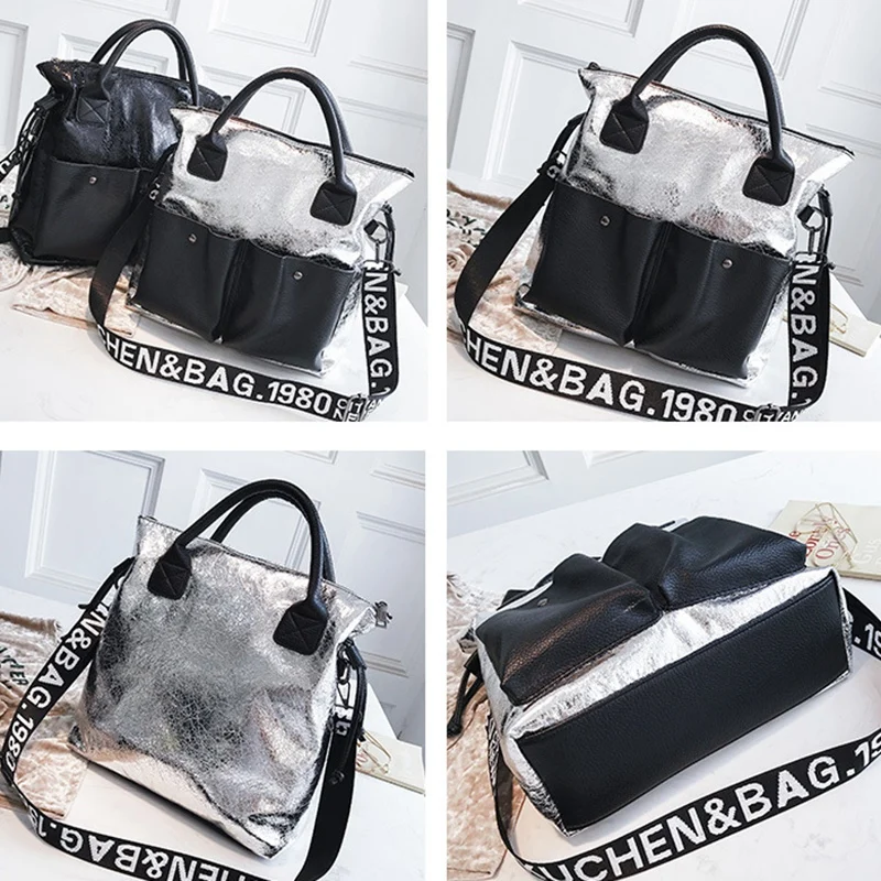 Large Capacity Women Bags Fashion Shopping Bag Double Pocket Girl Casual Tote Young Lady Handbags Shoulder Silver |