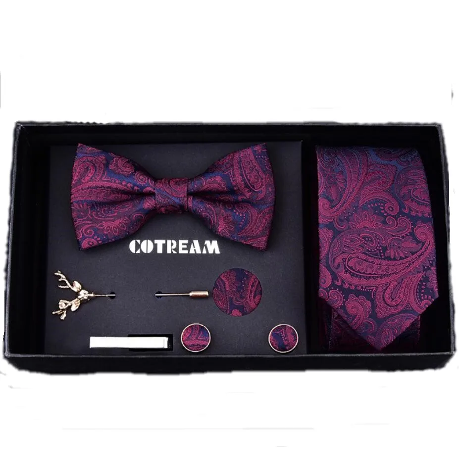 Men's Narrow Tie Butterfly Set  Gift Box 7pcs Necktie 6cm Paisley Strip Cufflinks Tieclip Broochpin Blue Fashion Casual Wedding