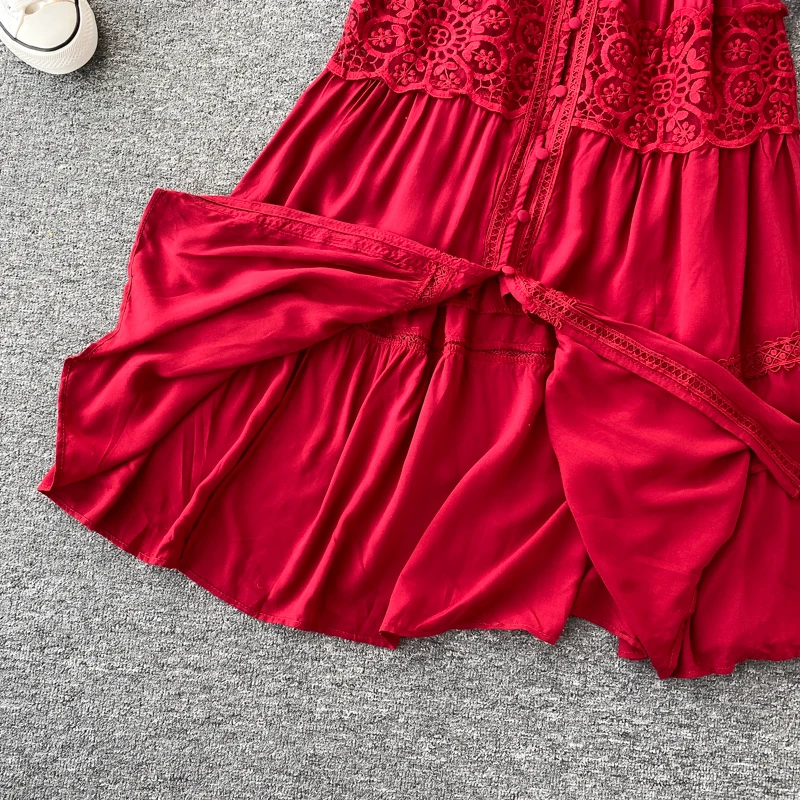 

Autumn White/Red Embroidery Women Long Dress Elegant V-neck Long Sleeve High Waist Big Swing Single-breasted Casual Dresses 2021