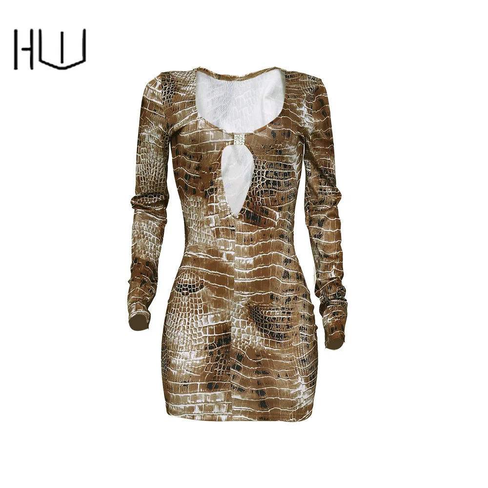 Женское платье с длинным рукавом Короткие мини платья со змеиным принтом и