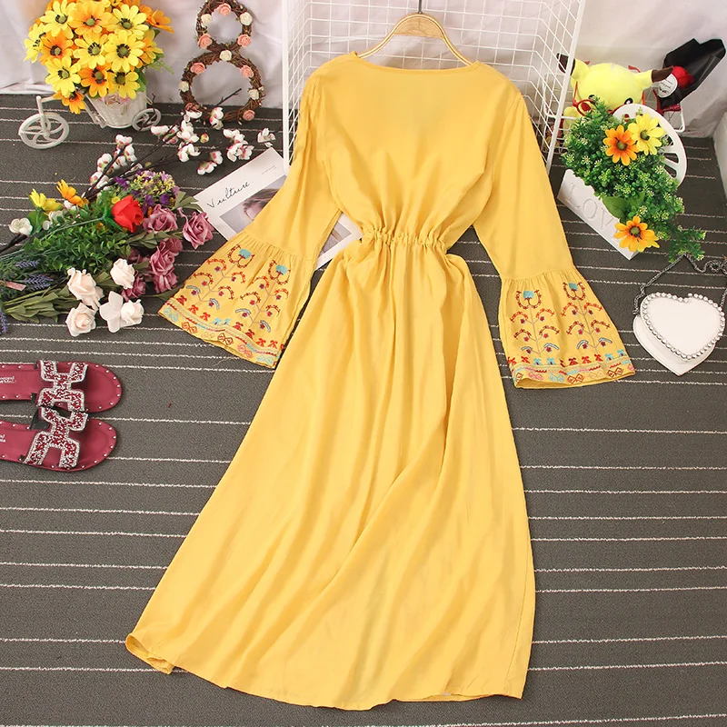 

YIZZHOY Summer Vintage Embroidery Holiday Women's Skirt Temperament V-neck Drawstring Waist Slim Mid Length A-line Skirt