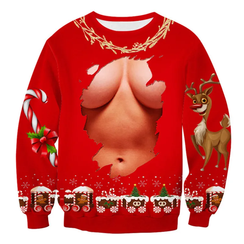 O Neck Christmas Sweater 3d Antler Print Novelty Ugly Unisex Men Women Long Sleeve Pullover Jumpers | Женская одежда