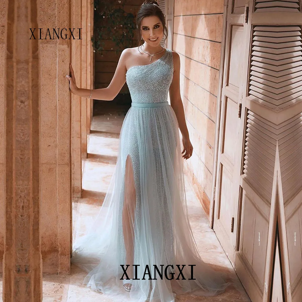 

Party Gown Sparkly Evening Dresses Long A-Line One Shoulder Split Evening Dress Charming Formal Gowns vestido de festa longo