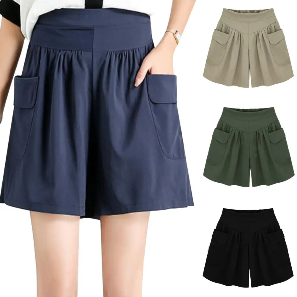 

Women Big Pocket Shorts Solid Color Ladies High Waisted Large Size Pants