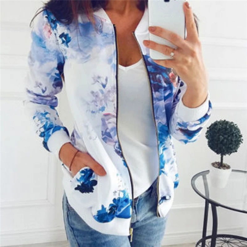 

Fashion Ladies Retro Floral Zipper Up Bomber Jacket Women Basic Coat Casual Outwear Baseball Jacket Pocket Plus Size Outwear