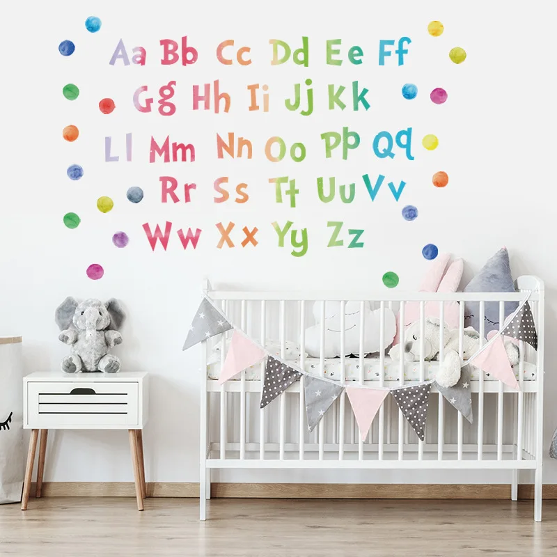 

Watercolor wave point case English letter wall sticker Kindergarten children's room self-sticking wall sticker