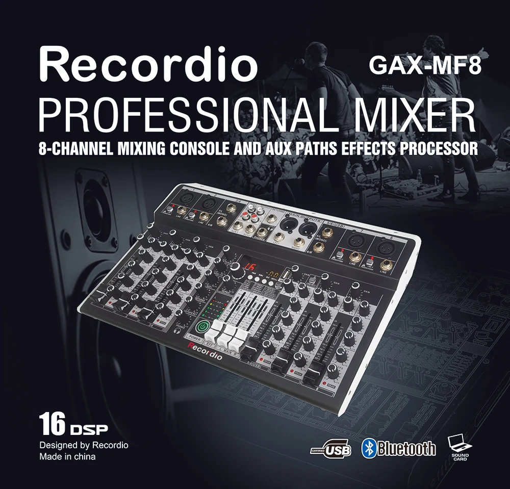 GAX-MF8 8 Channel Audio Mixer 16 Digital Reverb Effects Three Band Equalizer Mixing Console with USB +48V Phantom Power | Электроника