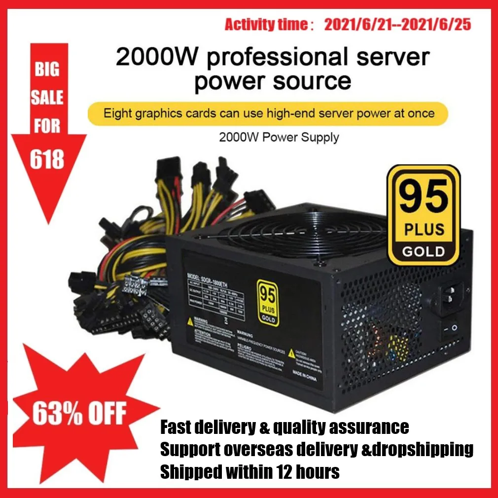 

HOT!1800W To 2000W Rated Miner Power Supply 95% High Efficiency ATX Mining Power Source Support 8 CPU Card For Bitcon Miner ETH