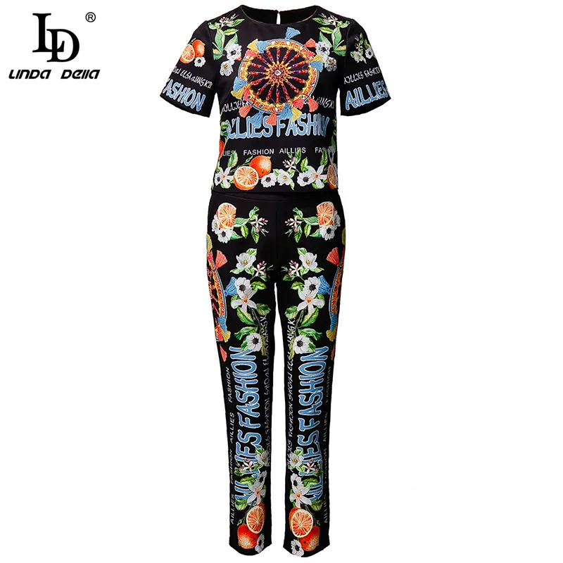 

LD LINDA DELLA модный подиумный летний винтажный комплект из двух предметов, женские костюмы с коротким рукавом, топы с бисером и длинные штаны с п...