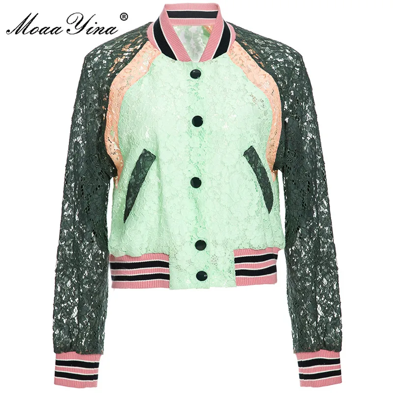 

MoaaYina, модная дизайнерская Осенняя кружевная куртка, пальто для женщин, с длинным рукавом, в стиле пэчворк, с карманом, однобортная, элегантная верхняя одежда