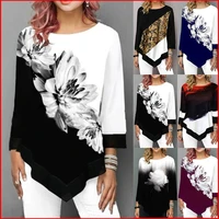 women clothes casual irregular o neck 34 sleeve spring autumn tunic t shirt loose floral leopard print patchwork pullovers tops