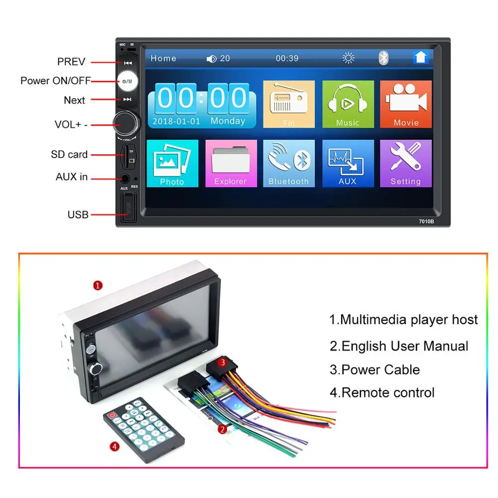 Autoradio 2 Din 7 inch LCD Touch Screen Car Radio Player Auto Audio Bluetooth Multiple Languages 7010b Support Rear View Camera |