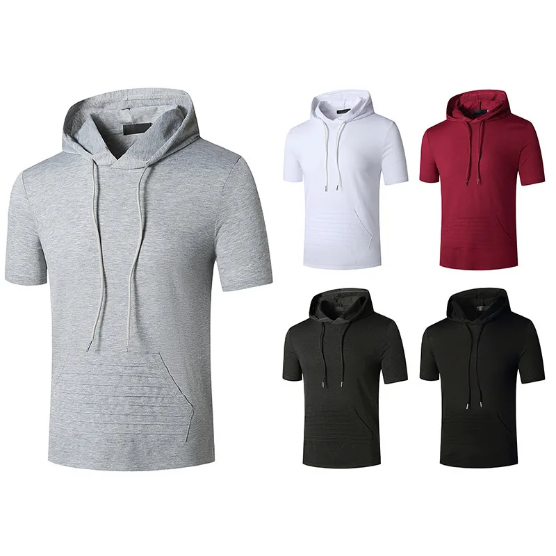 

Men's Hooded T-Shirt Short Sleeve Solid Color Pullover T-Shirt with Drawstring Pocket Gym Hooded Sports Slim Type Tops