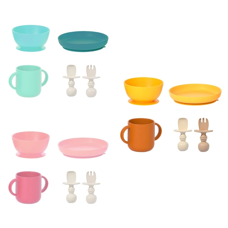 

R9UE 5 Pcs Baby Feeding Silicone Waterproof Dinner Plate + Bowl + Spoon + Fork + Cup