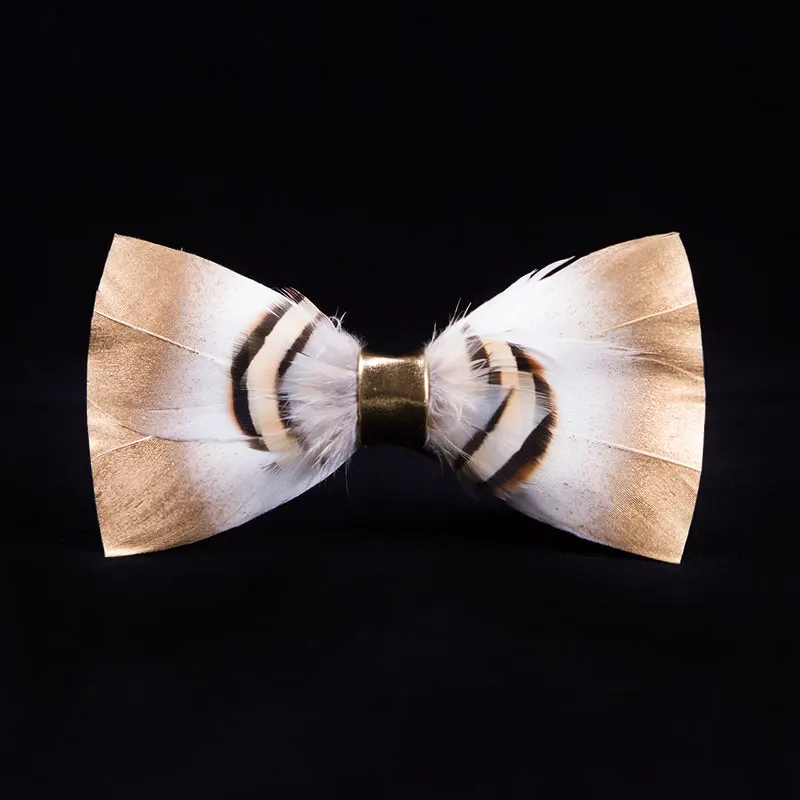 

High Quality 2022 New Arrivals Men's Fashion Bowtie Novelty Handmade Mens Gold Feather Bow Tie For Wedding Party with Gift Box