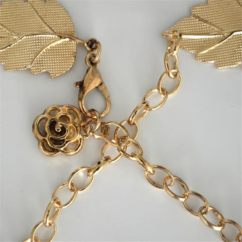 

Women Leaf Design Belt Metal Leaves Cummerbund Clasp Front Stretch Waistband Gold Silver elastic Waist Belt Leaves Chain Belt