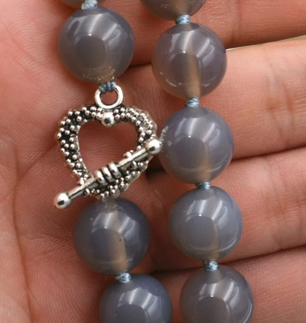 

12mm Natural gray Onyx Agate Gems Necklace 18" Tibetan silver love clasps