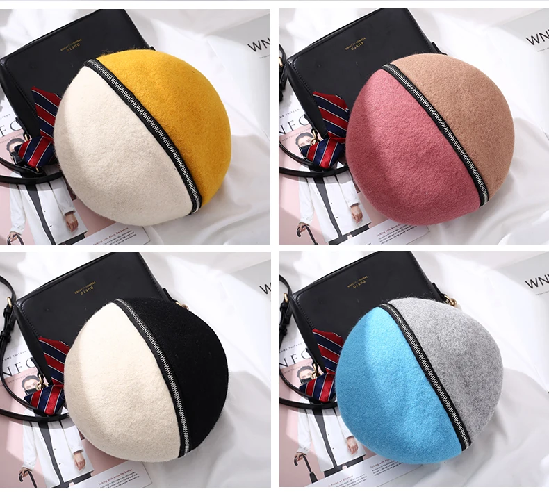 Женский шерстяной берет на молнии два цвета для весны осени и зимы | Аксессуары
