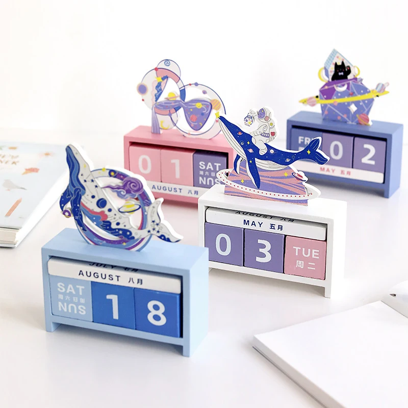 6 Design Wooden Permanent Calendar Table Desk 2022 Office Desktop Decoration Galaxy kawaii Rustic Kids Gift | Канцтовары для офиса