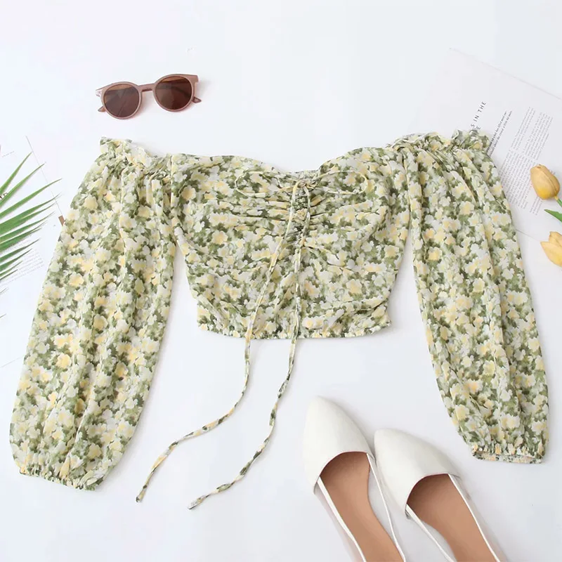 

MosiMolly 2021 Summer Floral Blouses Shirt Tops Women Off Shoulder Cropped Shirt Tops
