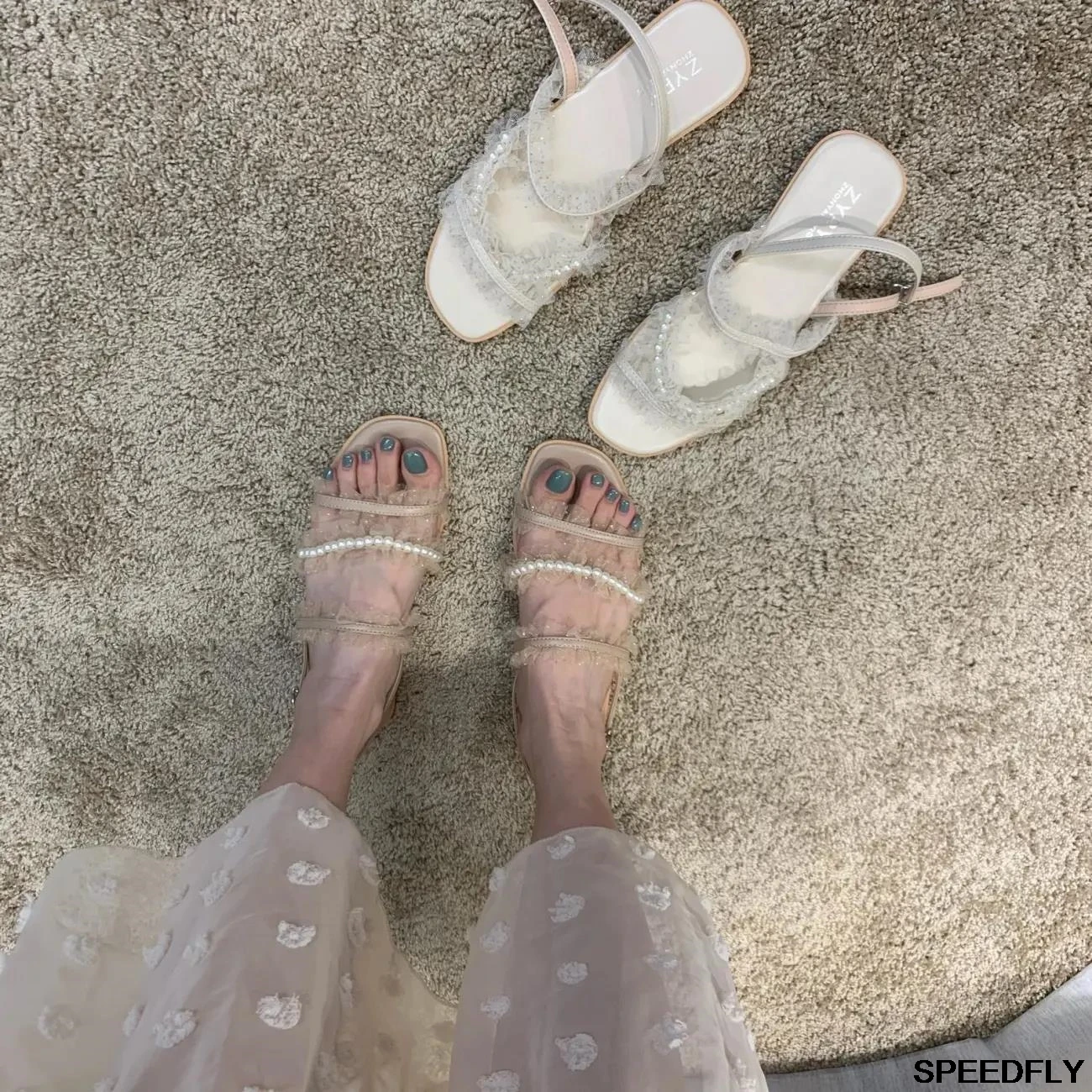 

Dünne Net Garn Perle Strap Sandalen Frauen 2021 Sommer Neue Süße Mode Flache Schuhe