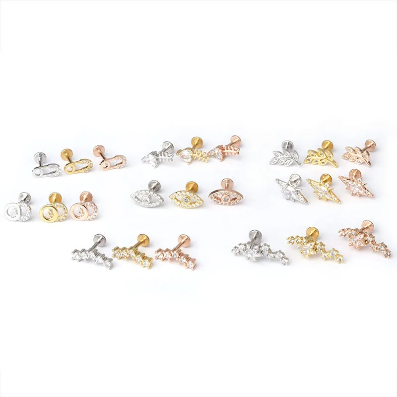

New 1PC 16G Flat Labret Back Ear Piercing Jewelry Fish Eye Leaves Circon Crystal Helix Daith Conch Tragus Cartilage Stud Earring