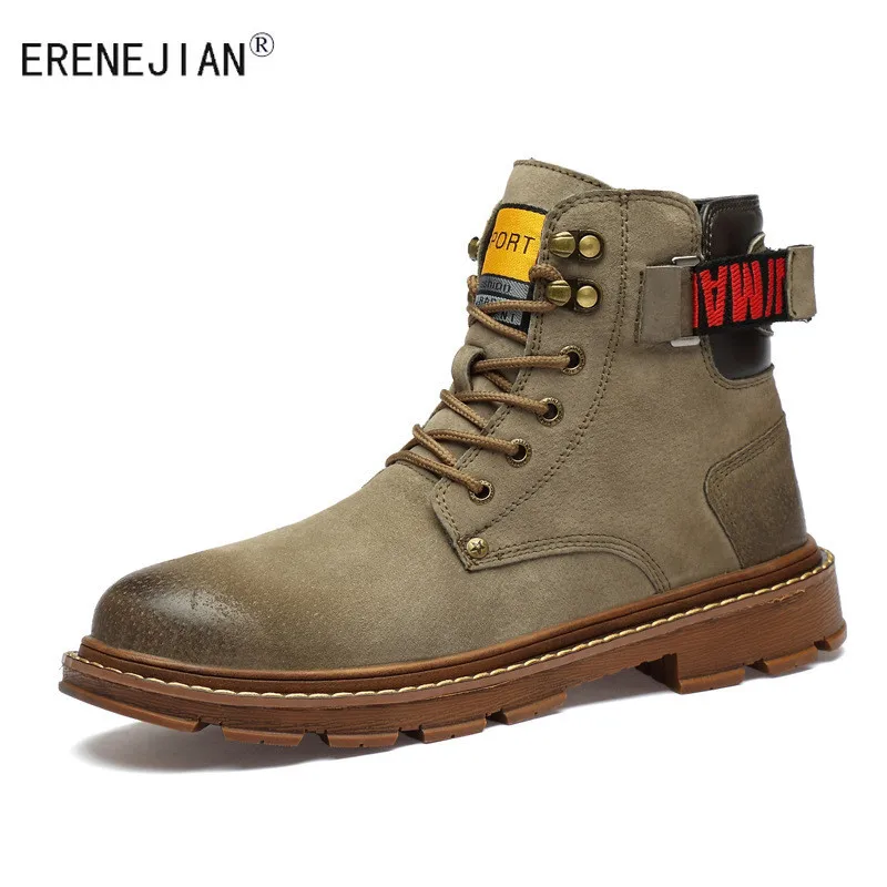 

ERENEJIAN Men's Warm Martin Boots Plush Inside Thick Thermal High Top Shoes Sneakers Non Slip Botas Genuine Leather Footwear