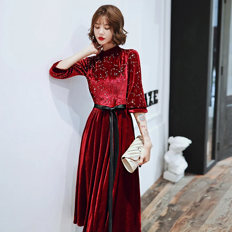 

SSYFashion New Vintage Velour Cocktail Dress Banquet Elegant Wine Red 3/4 Sleeve Tea-length Party Gown Short Formal Dresses