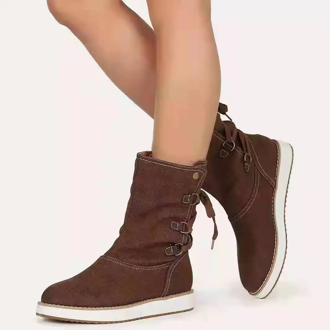 

2021 Women Snow Boots Autumn Winter Lace-up Mid-cut Boots Fashion Comfortable Leopard Print Snake Print Color Match Female Shoes