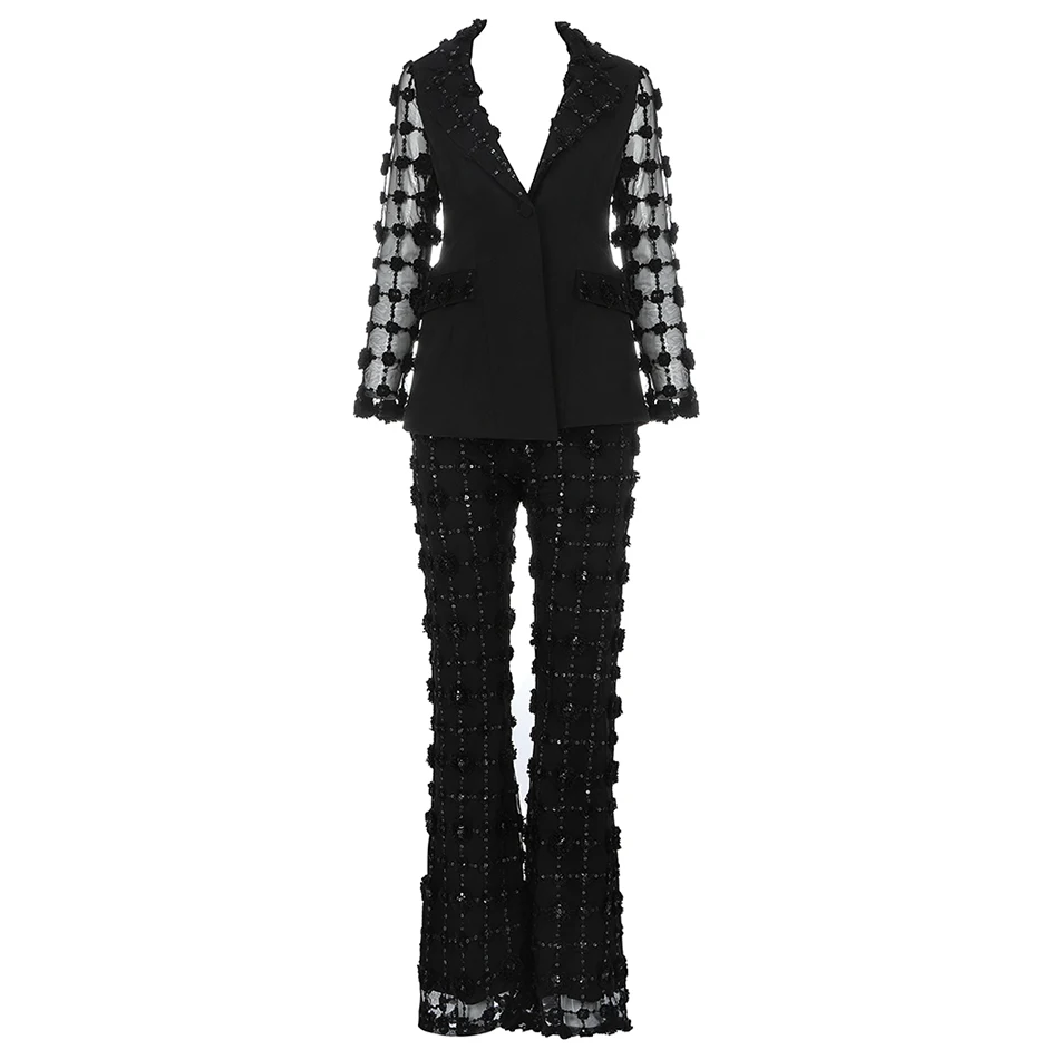 

Elegant Plaid Sequins Transparent Mesh Sleeve Top Ladies Sexy V-neck Pocket Blazer Single Buckle Office Set 2019 Autumn New