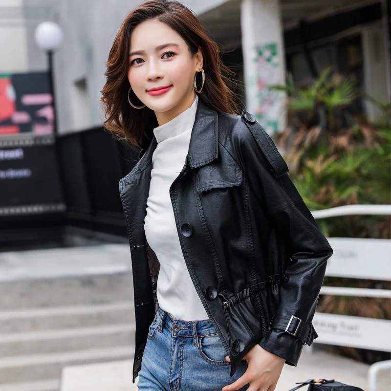 

1pcs Women's Plus size jacket coats 2021 Autumn faux fur PU Leather waist belt keep warm Jacket ladies Skinny locomotive coats