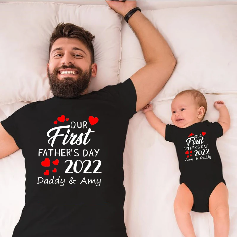 Custom Name Our First Father's Day 2022 Daddy and Daughter Son Family Match Outfits Baby Bodysuit Fathers Day Personalized Gifts