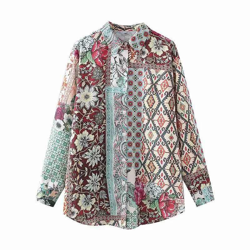 

Spring Autumn Women's Satin Printed Long Sleeve Loose Skirt Beach Top