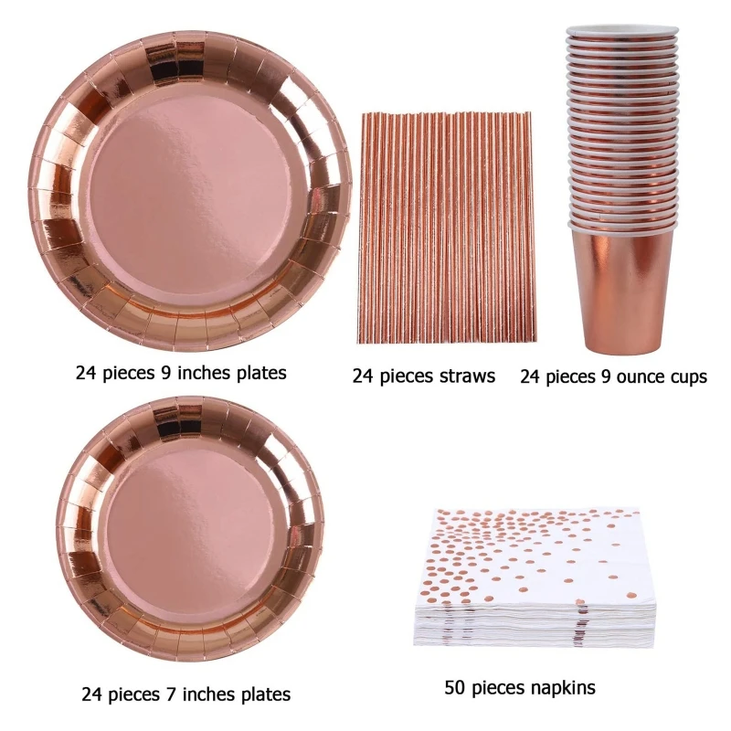 146 шт. розовое золото Фольга Бумага тарелки салфетки набор соломинок для