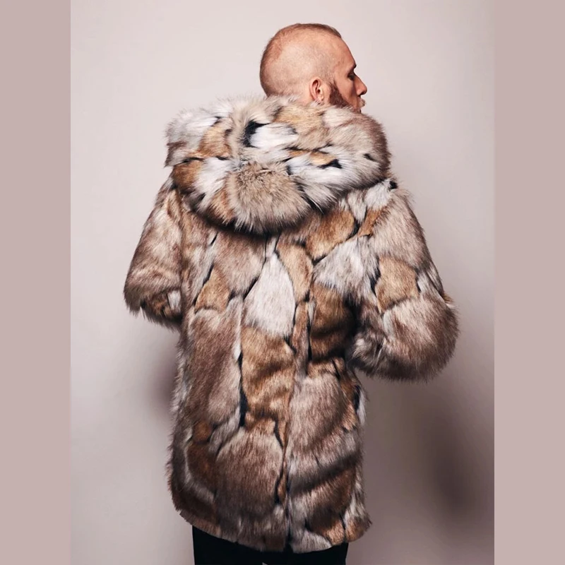 

winter male jacket fake fur fashion High street Hip hop Faux Leather Hooded men Mid-long coats men tide cool quality men