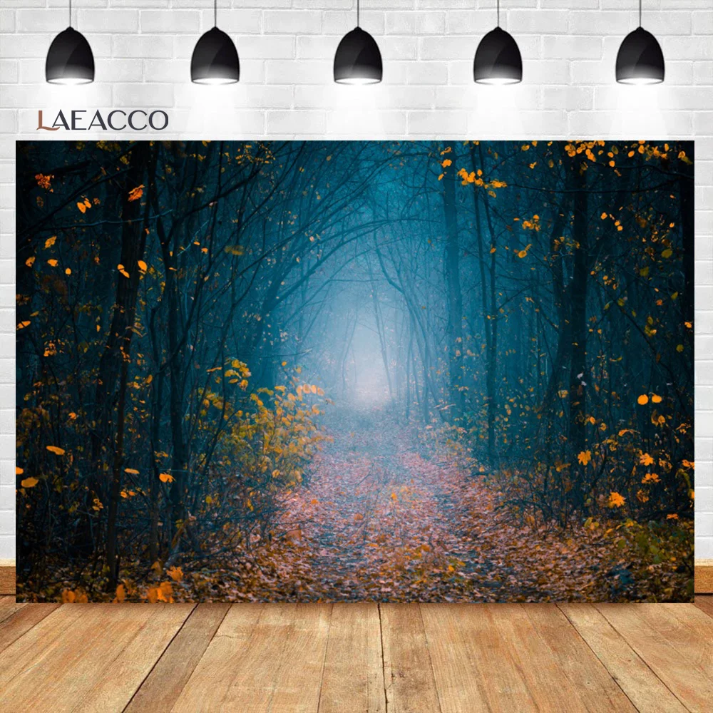 

Laeacco Autumn Night Fantasy Jungle Photo Backgrounds Fallen Leaves Trees Baby Customized Poster Portrait Photography Backdrops