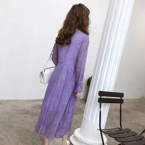 Женское шифоновое платье в горошек повседневное свободное плиссированное с