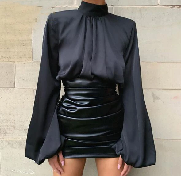 

Cultiseed Women Sexy Hollow Out Waist Short Shirts Tops Female New Fashion Trutleneck Lantern Sleeve Leopard Shirts Blouses Top