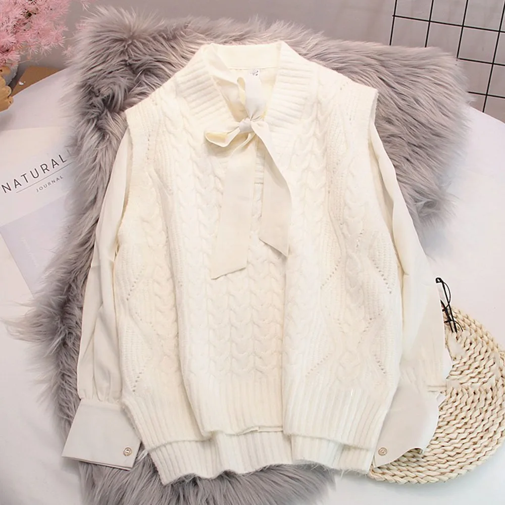 

2021 Knitted Vest Woman Simple All-match V-neck Knitted Sweater Leisure Student Sleeveless Female Vintage Sweater Waistcoat