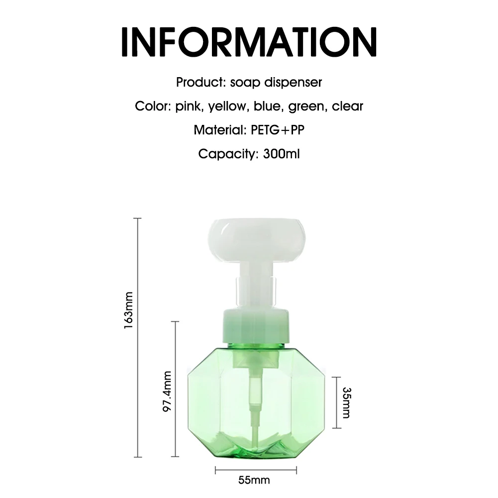 

4-color Liquid Soap Flower Foaming Dispenser Pump Refillable Hand Soap Clear Bottle 300ml Kitchen Bathroom Soap Dispensers Tools
