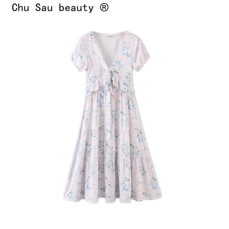 Chu Sau beauty/Новое модное платье с v образным вырезом и цветочным принтом для