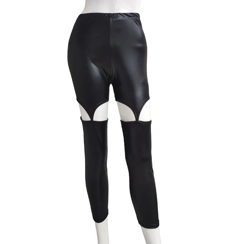 Женские леггинсы из ПУ кожи черные однотонные в готическом стиле с прострочкой